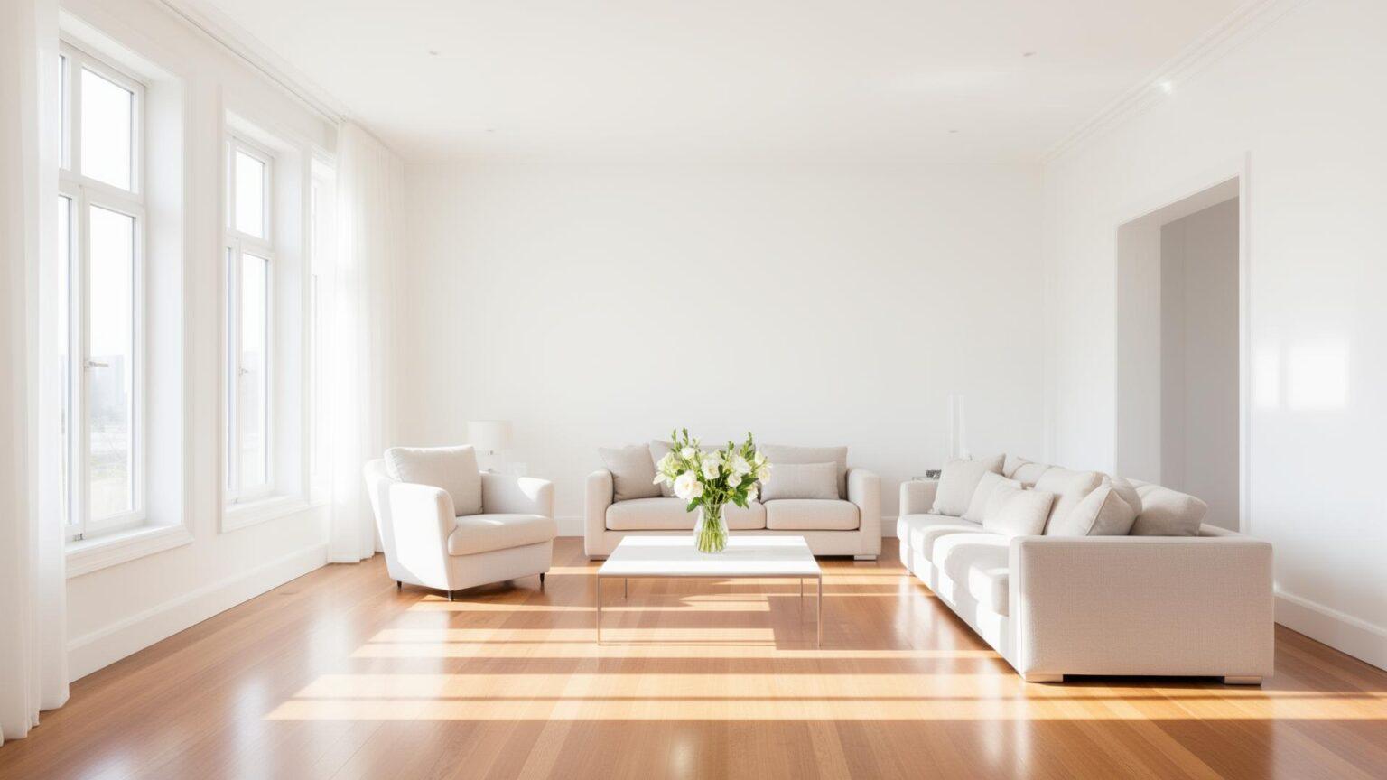 Sunlit, spotless living room with white sofas and polished wood floors after a professional clean